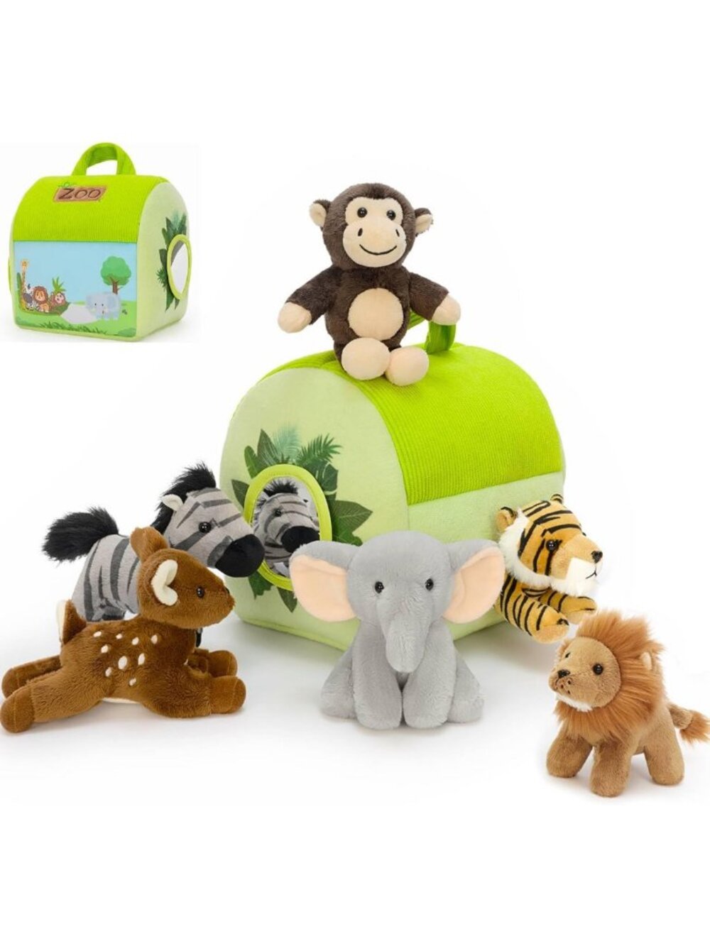 7 PCS Jungle Animal Plush Stuffed Toys with Carrier for Kids - Zoo Playset